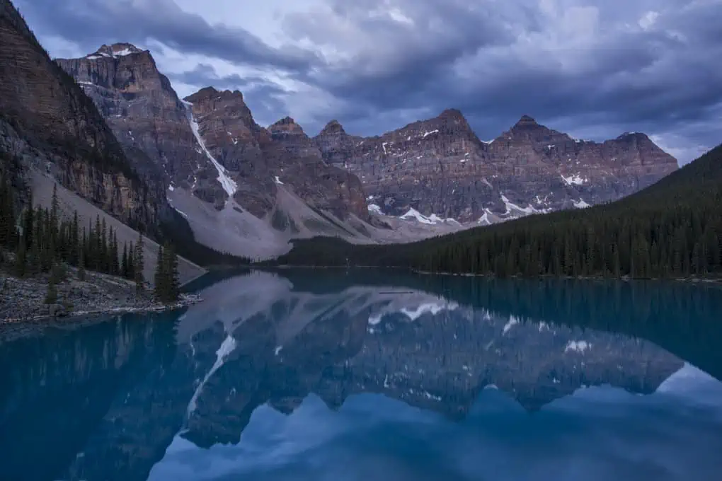 Moraine Lake photographed during blue hour at 5:24am