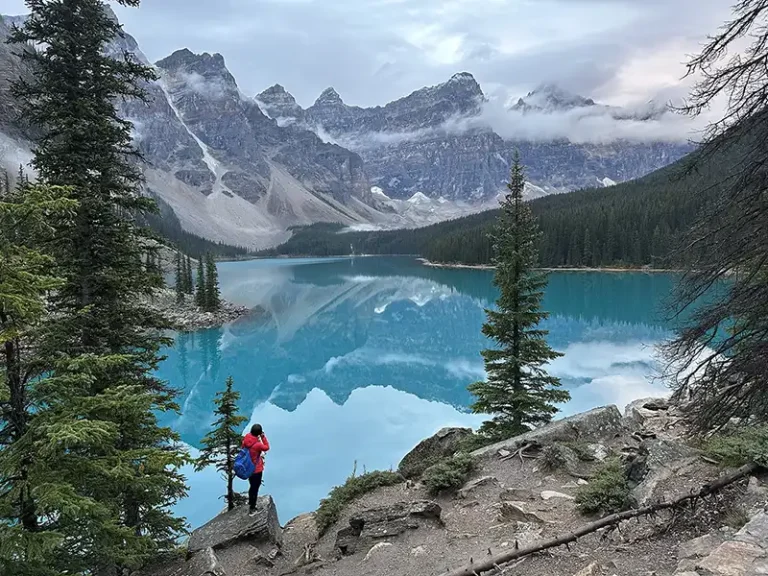 Moraine Lake turquoise color at sunrise