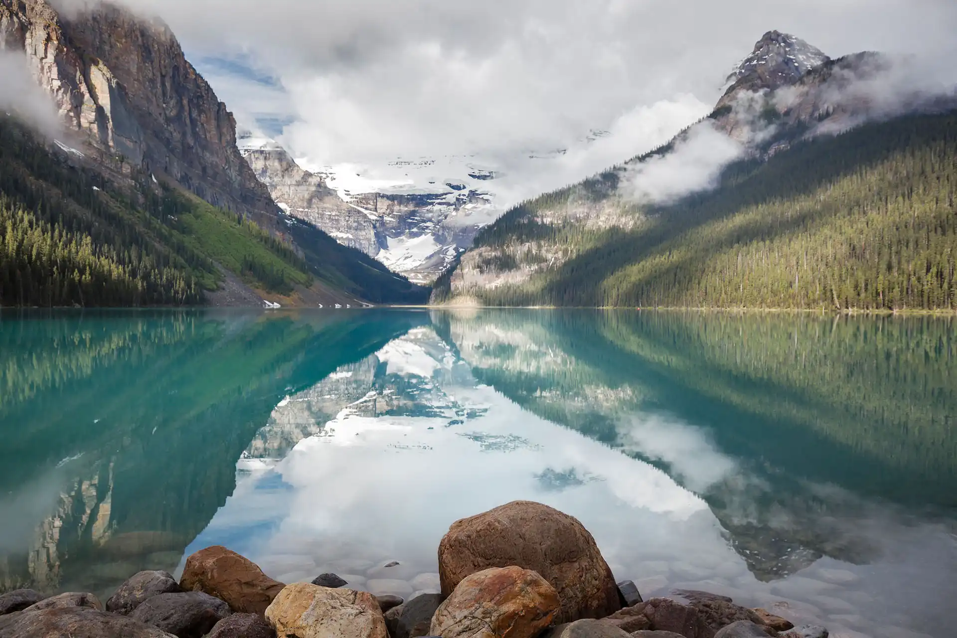 Lake Louise at sunrise with Victoria Glacier