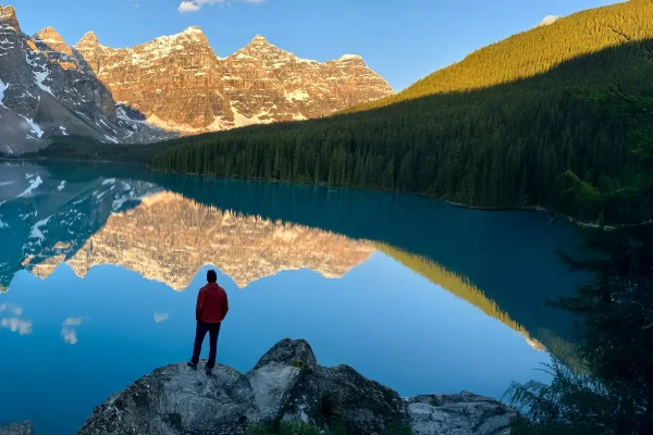 Sunrise light over Moraine Lake and the Valley of the Ten Peaks